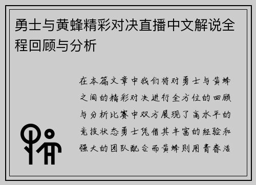 勇士与黄蜂精彩对决直播中文解说全程回顾与分析